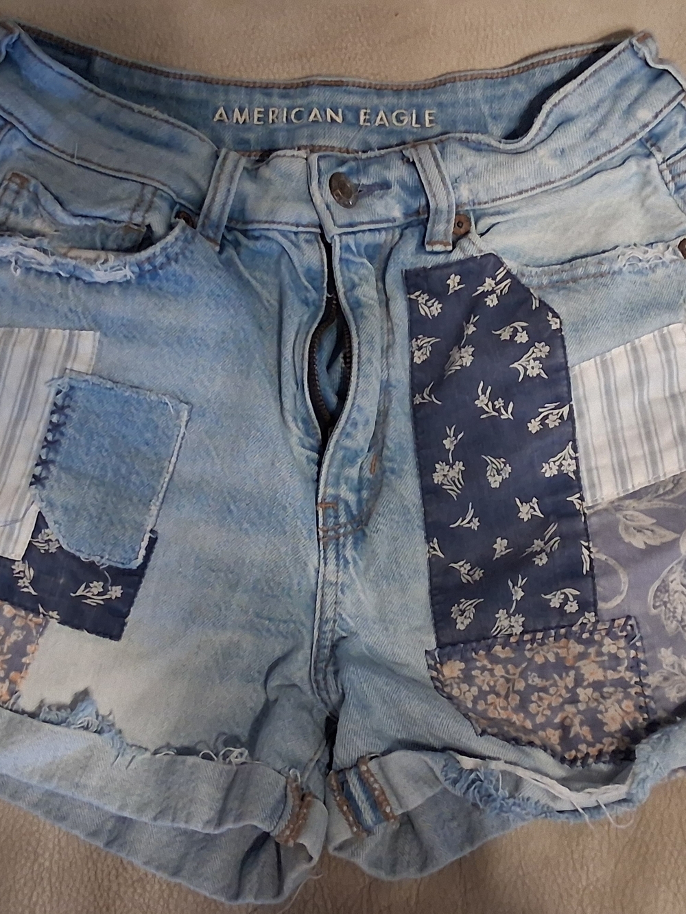 American Eagle Outfitters Light Blue Patchwork Denim Shorts